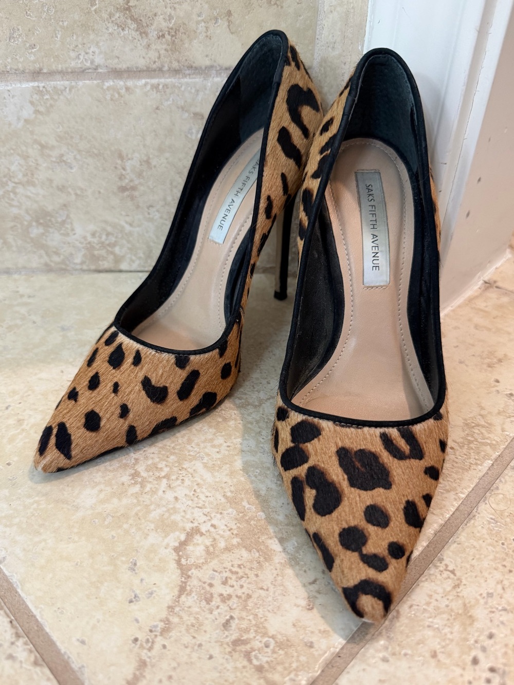 Saks Fifth Avenue Leopard Print Pointed Toe Stiletto Pumps - Tan & Black